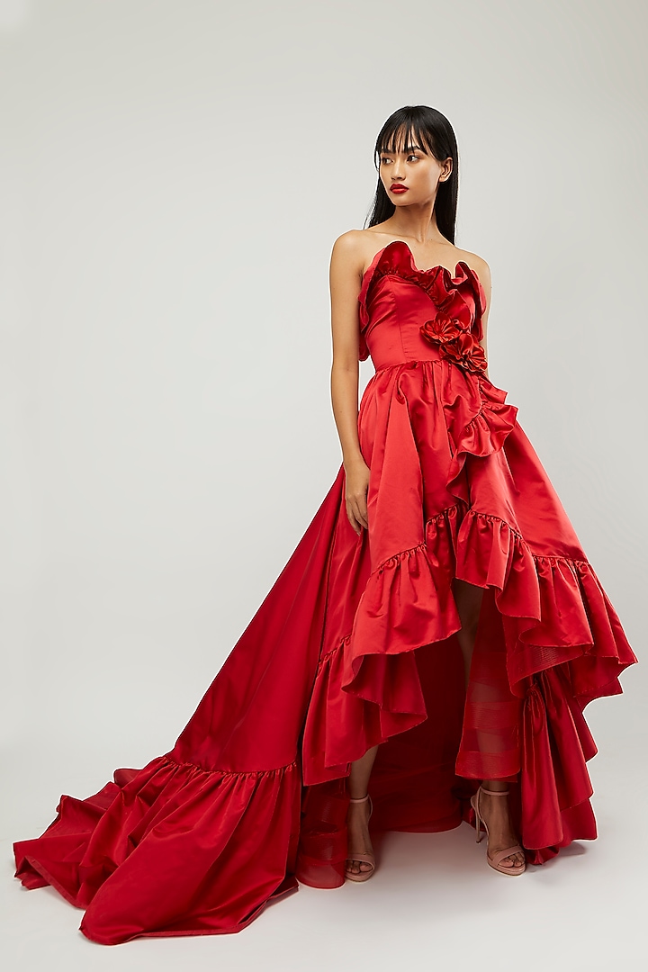 Red Strapless Gown by Gauri and Nainika