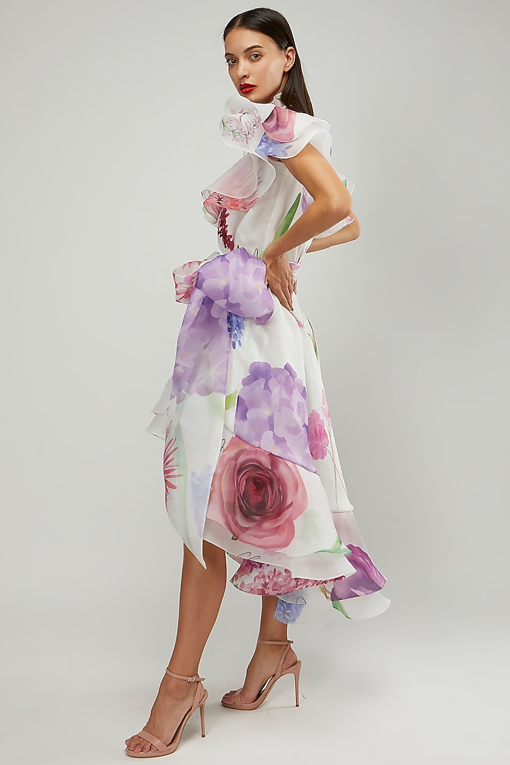 White & Purple High Low Party Wear Dress With Belt by Gauri and Nainika at Pernia's Pop Up Shop