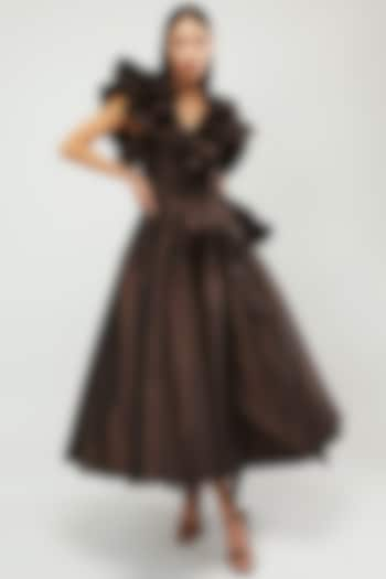 Brown Taffeta Wrap Dress by Gauri and Nainika