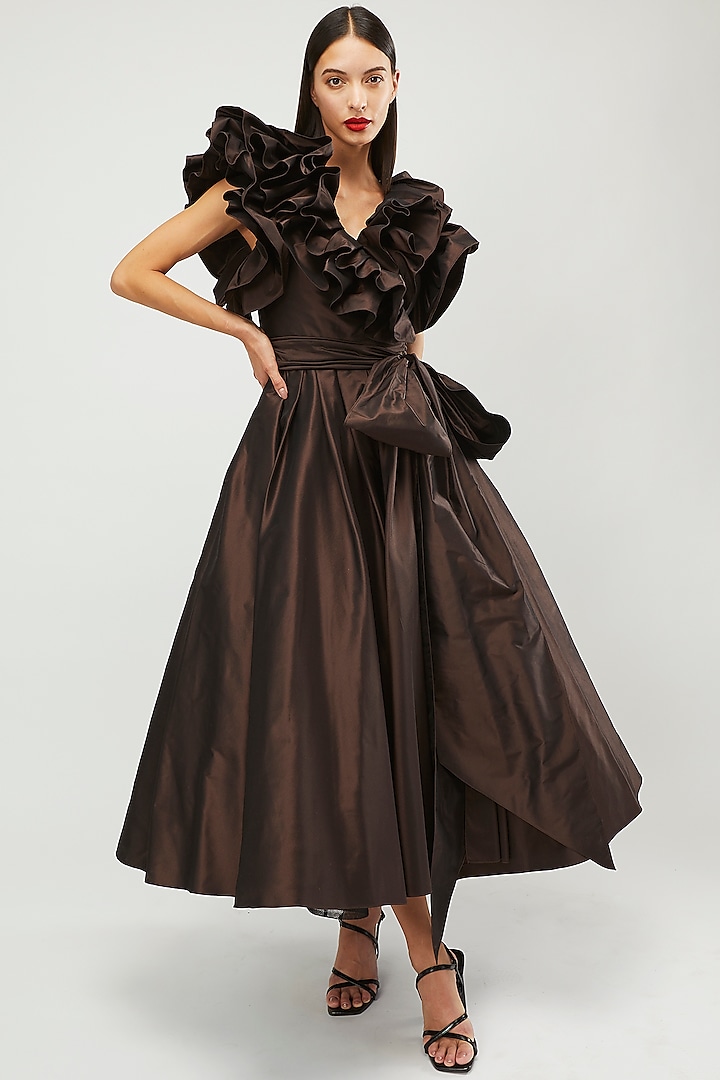 Brown Taffeta Wrap Dress by Gauri and Nainika