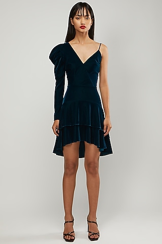 Emerald Green Velvet One-Shoulder Mini Dress by Gauri and Nainika
