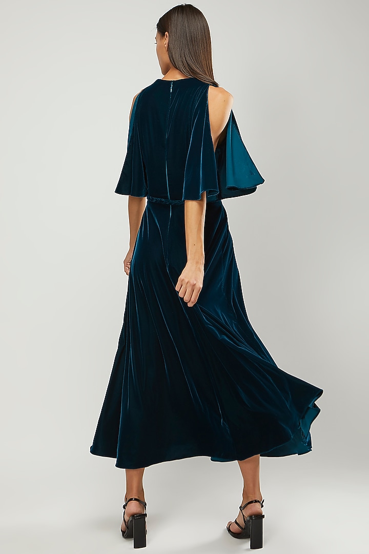 Emerald Green Velvet Midi Party Wear Dress With Belt by Gauri and Nainika at Pernia's Pop Up Shop
