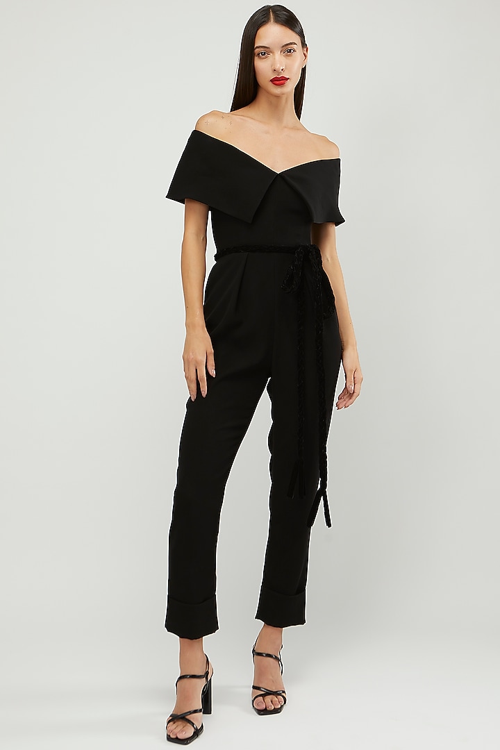 Black & Mustard Off-Shoulder Jumpsuit by Gauri and Nainika