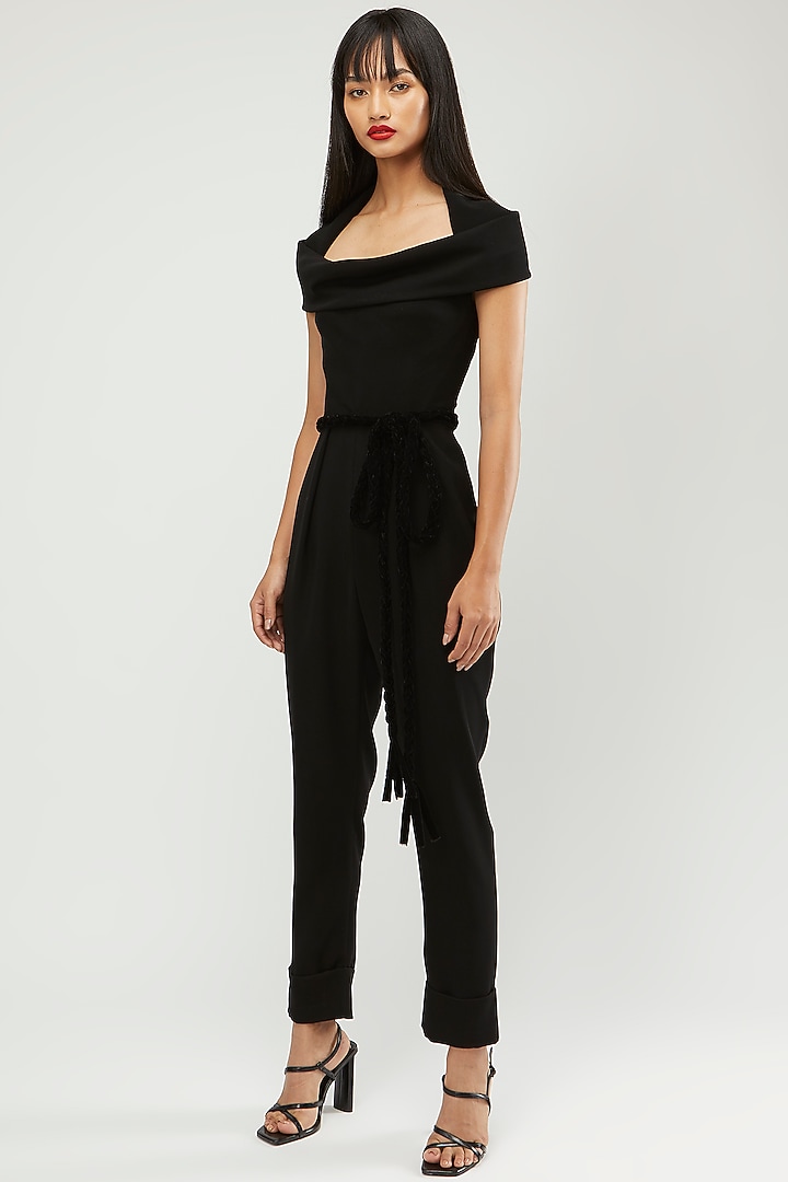 Black & Light Pink Corseted Jumpsuit With Belt by Gauri and Nainika at Pernia's Pop Up Shop