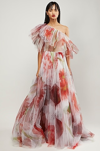 Red Printed Cold-Shoulder Ruffled Romper by Gauri and Nainika