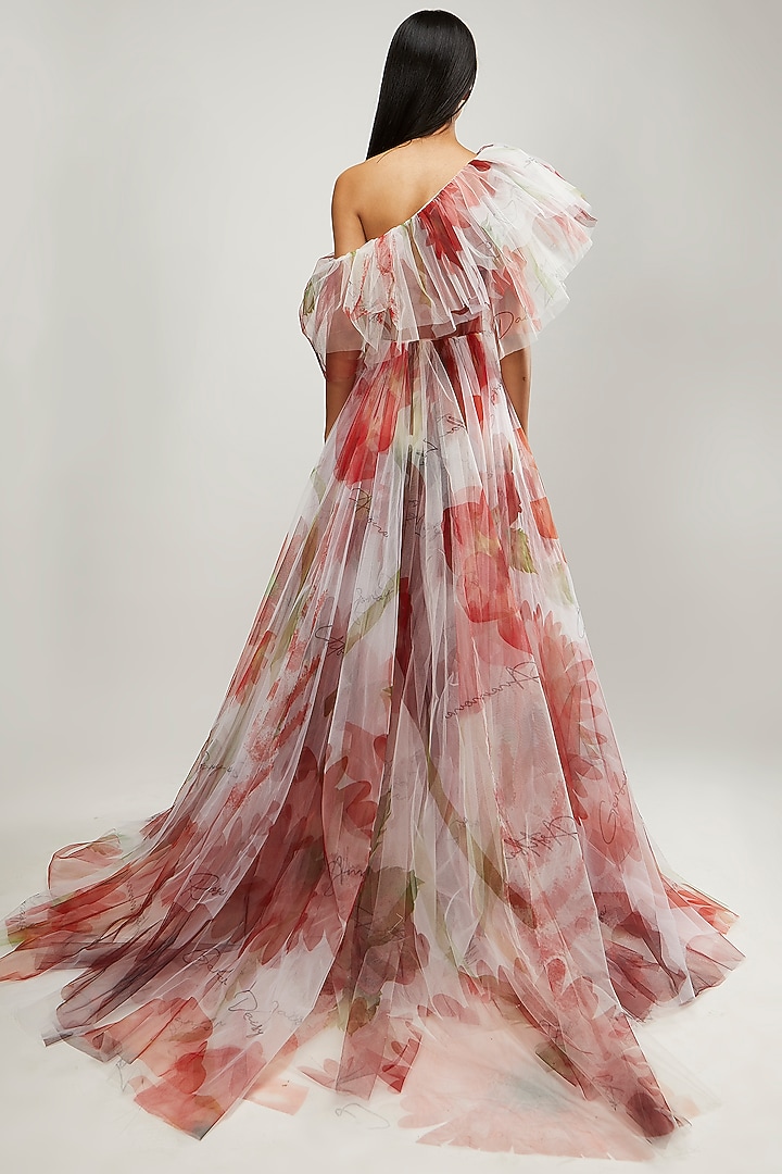 Red Printed Cold-Shoulder Ruffled Romper by Gauri and Nainika at Pernia's Pop Up Shop