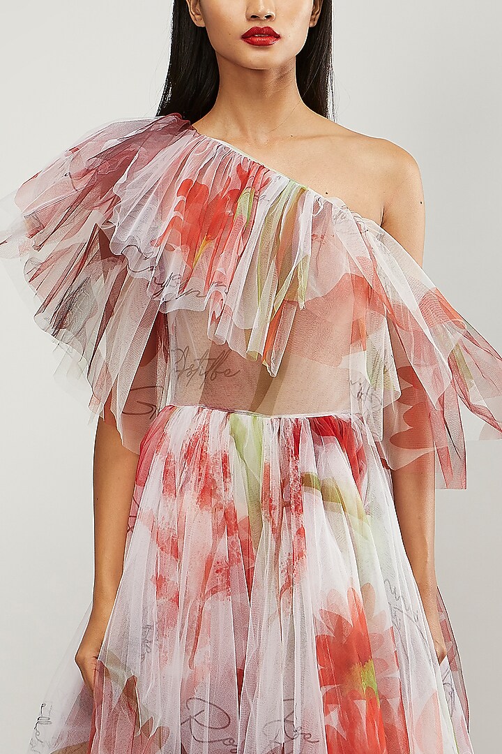 Red Printed Cold-Shoulder Ruffled Romper by Gauri and Nainika at Pernia's Pop Up Shop