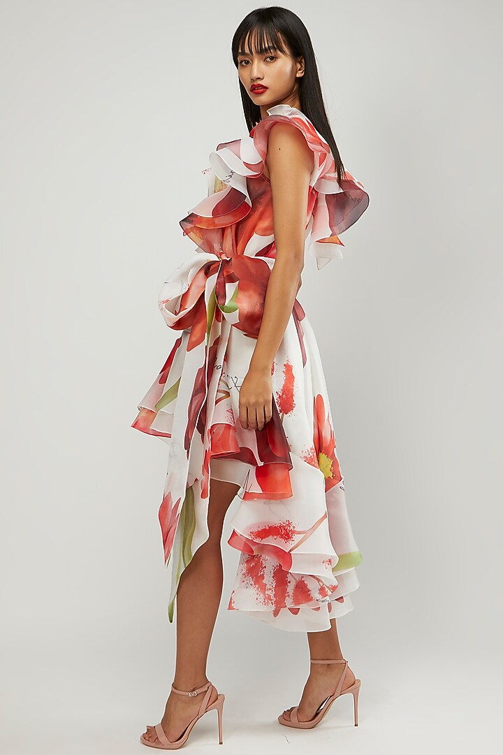Red Printed Wrap Party Wear Dress by Gauri and Nainika at Pernia's Pop Up Shop