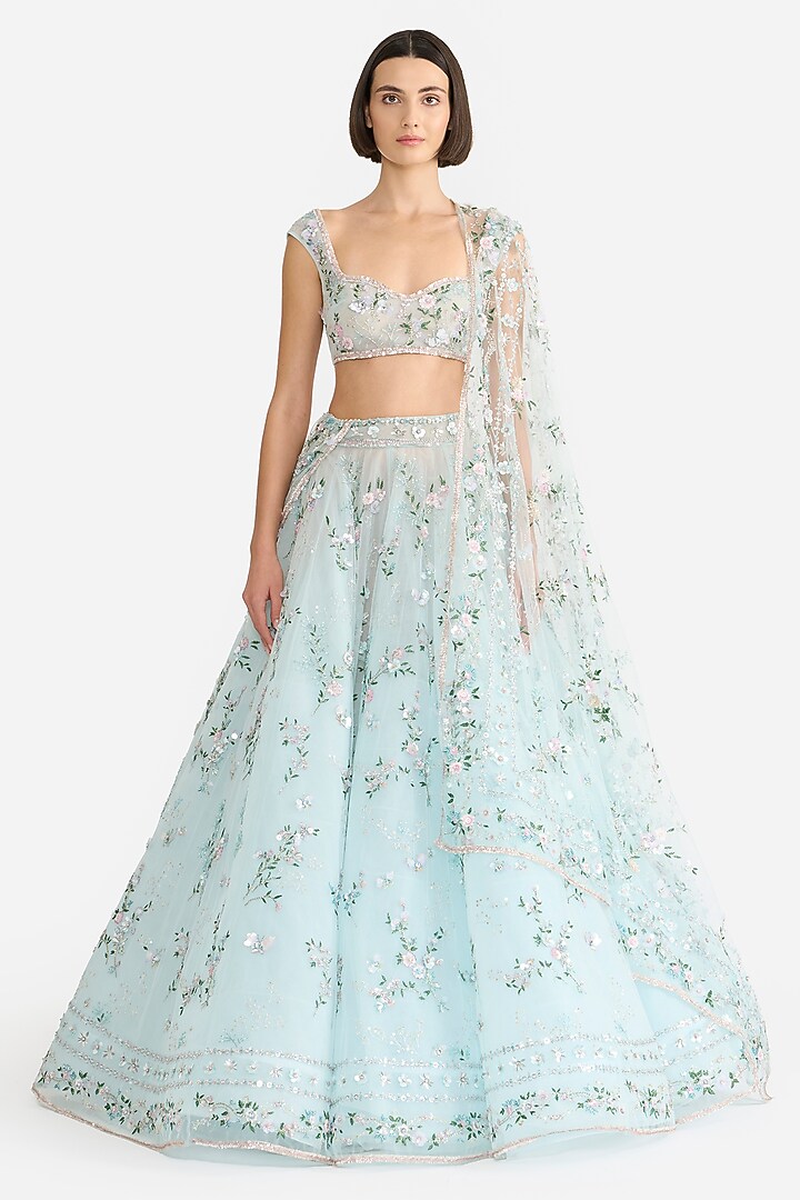 Light Blue Tulle Bridal Lehenga Set by Gauri and Nainika at Pernia's Pop Up Shop
