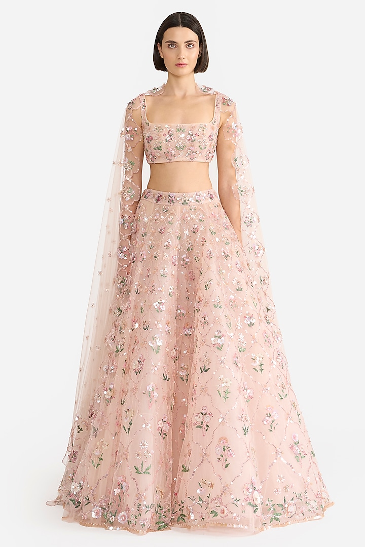 Peach Tulle Bridal Lehenga Set by Gauri and Nainika at Pernia's Pop Up Shop