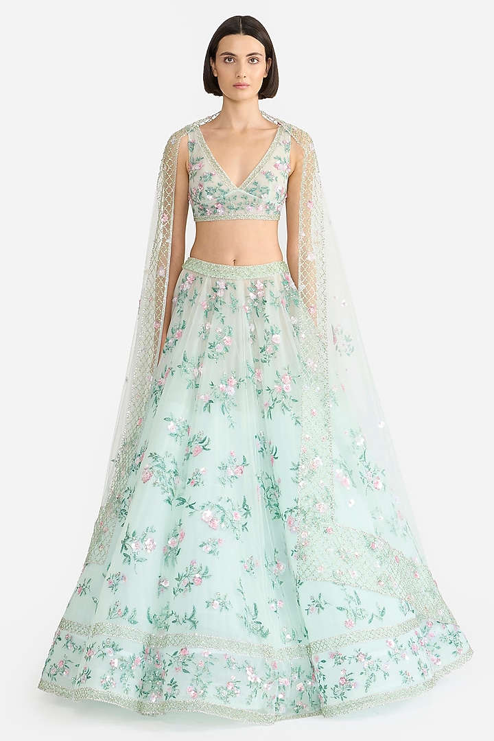Mint Tulle Embroidered Bridal Lehenga Set by Gauri and Nainika at Pernia's Pop Up Shop