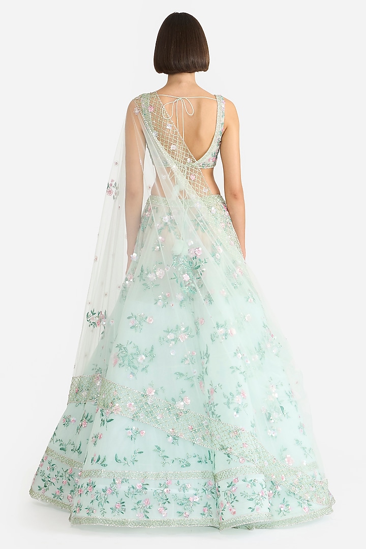 Mint Tulle Embroidered Bridal Lehenga Set by Gauri and Nainika at Pernia's Pop Up Shop