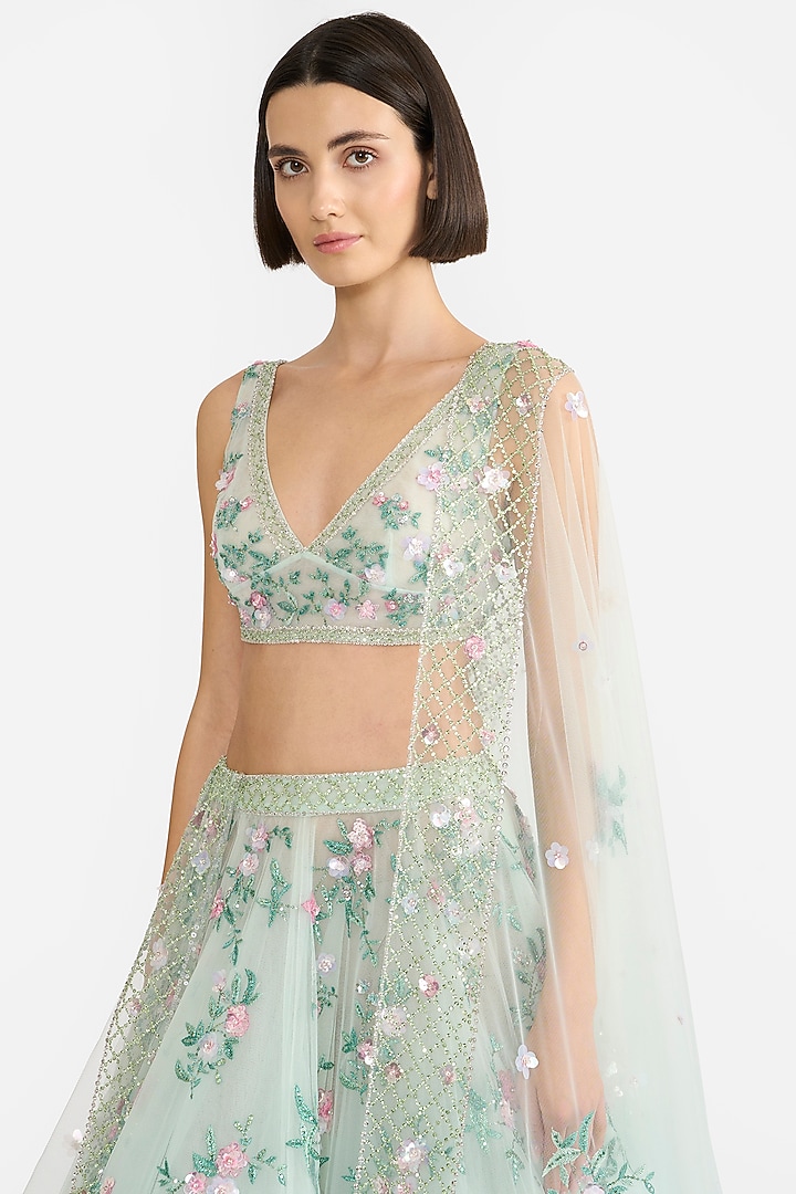 Mint Tulle Embroidered Bridal Lehenga Set by Gauri and Nainika at Pernia's Pop Up Shop