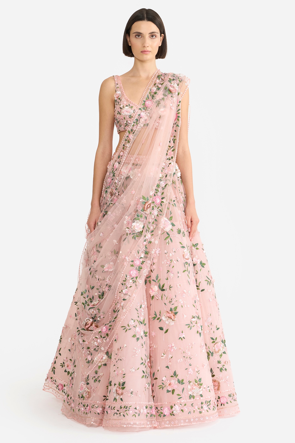 Gauri and Nainika Tea-Rose Tulle Embroidered Lehenga Set