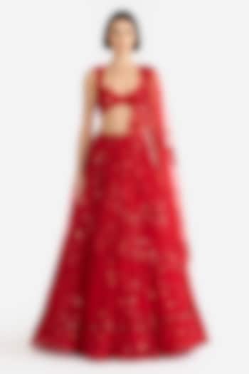 Crimson Red Tulle Embroidered Bridal Lehenga Set by Gauri and Nainika at Pernia's Pop Up Shop