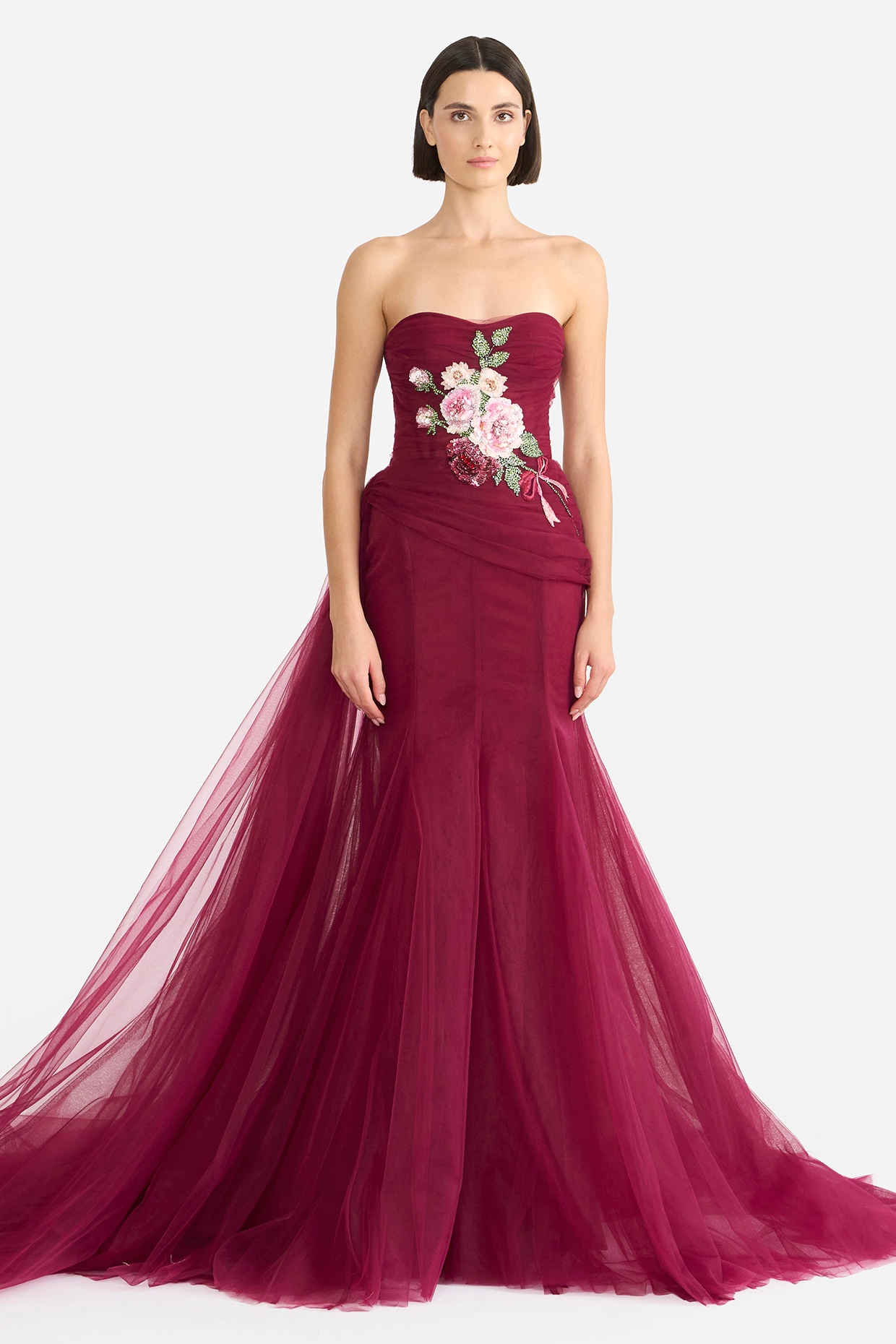 Gauri and Nainika Maroon Tulle Floral Embellished Corset Mermaid Gown