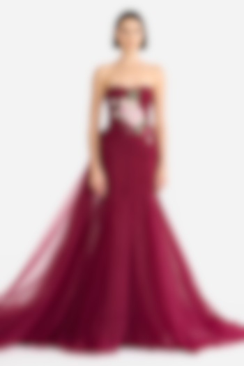 Maroon Tulle Floral Embellished Corset Mermaid Bridal Gown by Gauri and Nainika at Pernia's Pop Up Shop