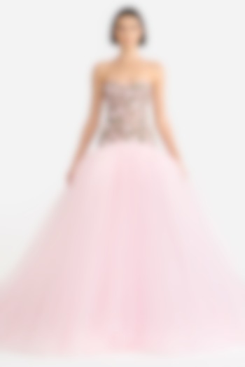 Candy Pink Tulle Crystal Embroidered Corset Bridal Gown by Gauri and Nainika at Pernia's Pop Up Shop