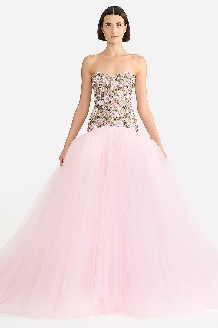 Candy Pink Tulle Crystal Embroidered Corset Bridal Gown by Gauri and Nainika at Pernia's Pop Up Shop