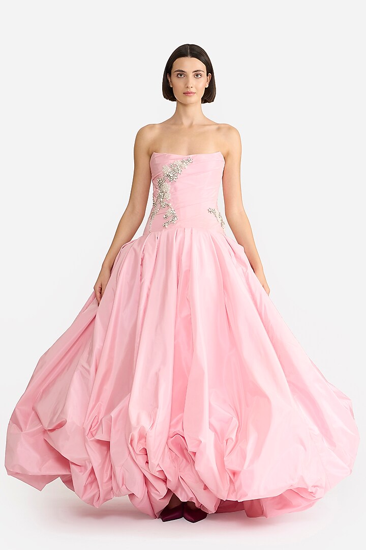 Soft Pink Taffeta Crystal Embellished Draped Balloon Bridal Gown by Gauri and Nainika at Pernia's Pop Up Shop