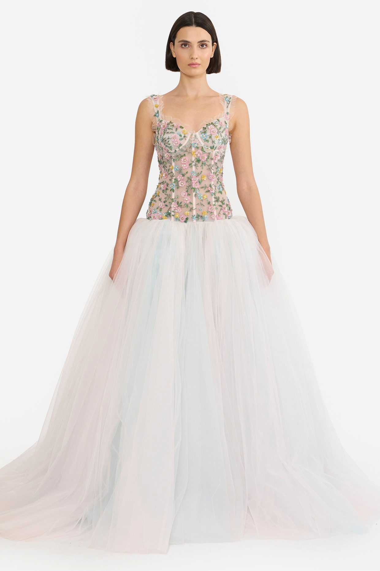 Gauri and Nainika Light Pink & Blue Tulle Floral Embellished Gown