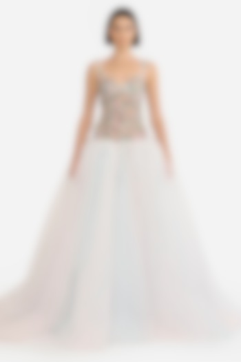 Light Pink & Blue Tulle Floral Embellished Bridal Gown by Gauri and Nainika at Pernia's Pop Up Shop