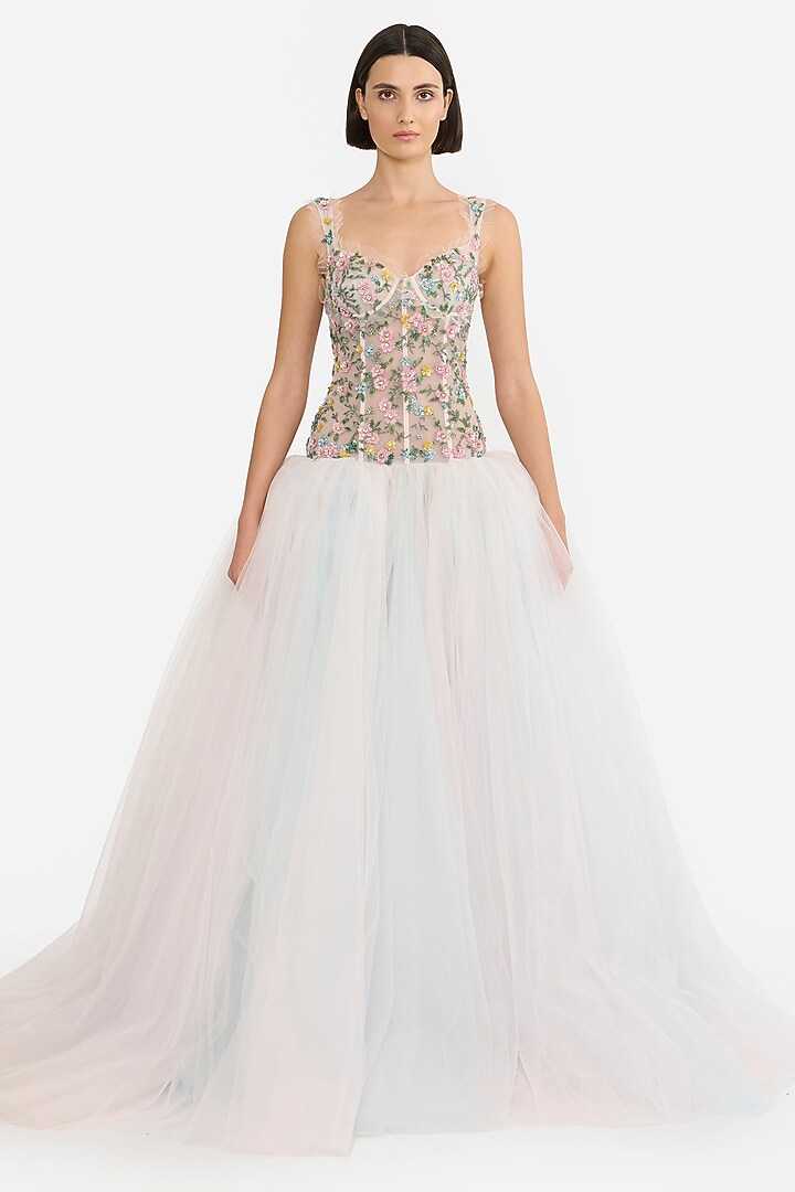 Light Pink & Blue Tulle Floral Embellished Bridal Gown by Gauri and Nainika at Pernia's Pop Up Shop