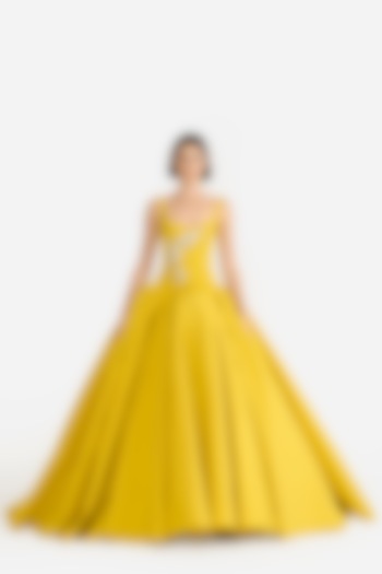Mustard Faille Floral Embellished Bridal Gown by Gauri and Nainika at Pernia's Pop Up Shop