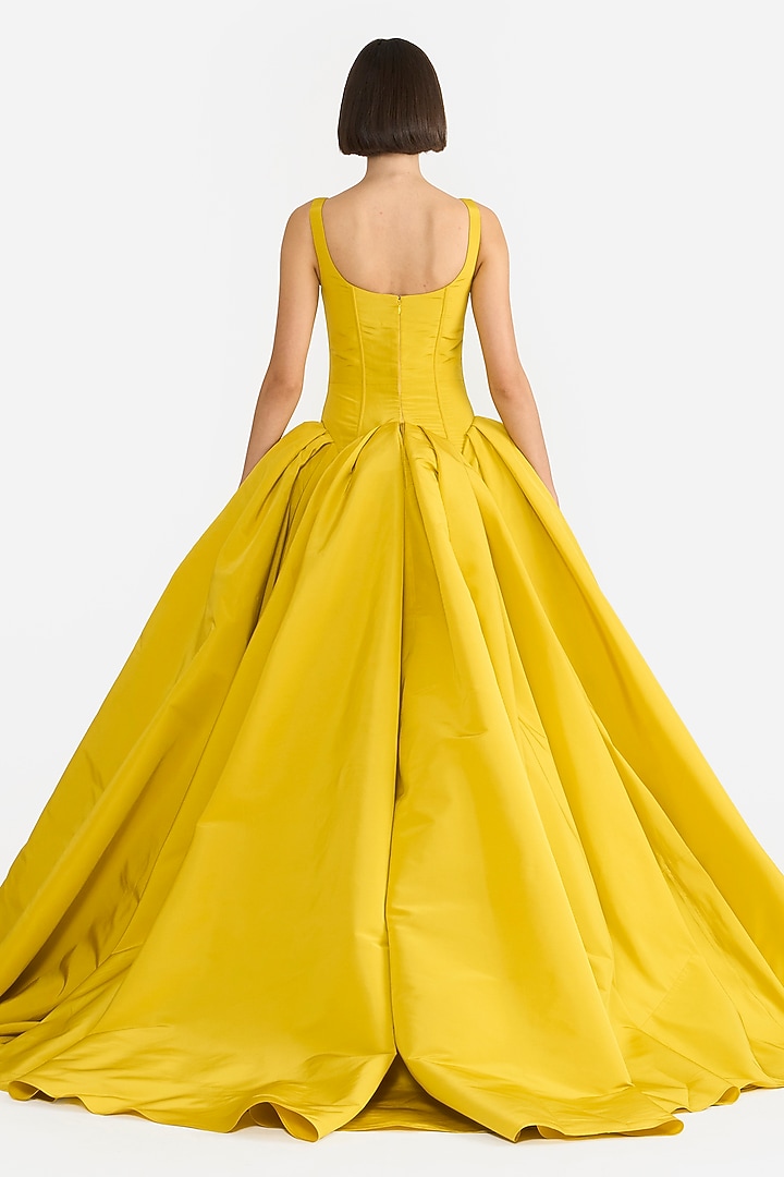 Mustard Faille Floral Embellished Bridal Gown by Gauri and Nainika at Pernia's Pop Up Shop