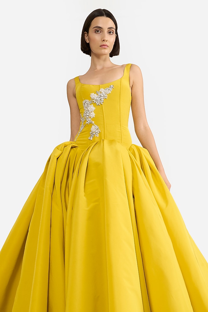 Mustard Faille Floral Embellished Bridal Gown by Gauri and Nainika at Pernia's Pop Up Shop