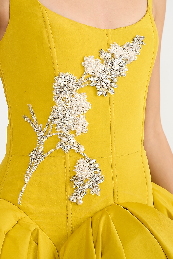Mustard Faille Floral Embellished Bridal Gown by Gauri and Nainika at Pernia's Pop Up Shop