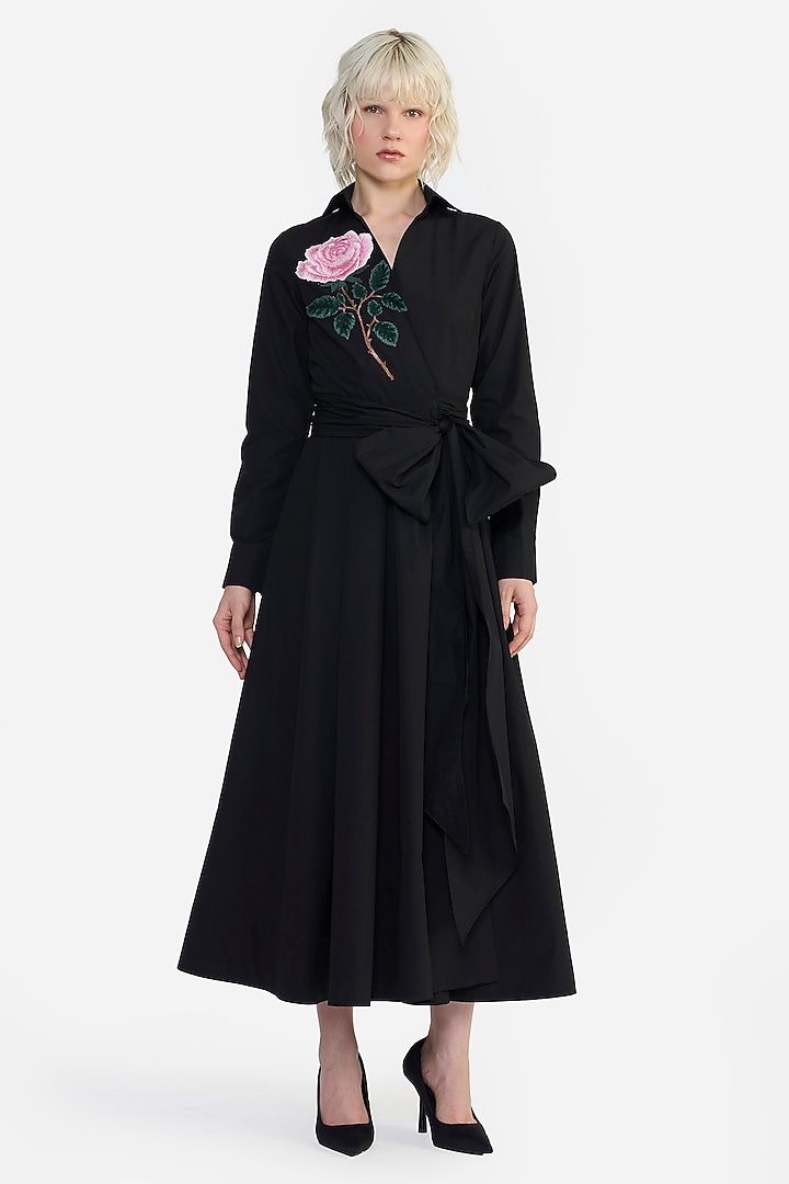 Black Cotton Thread Embroidered Cocktail Shirt Dress by Gauri and Nainika at Pernia's Pop Up Shop
