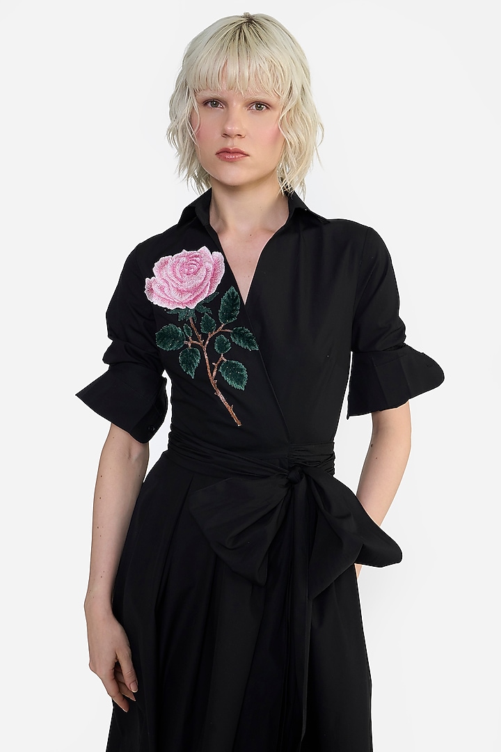 Black Cotton Thread Embroidered Cocktail Shirt Dress by Gauri and Nainika at Pernia's Pop Up Shop