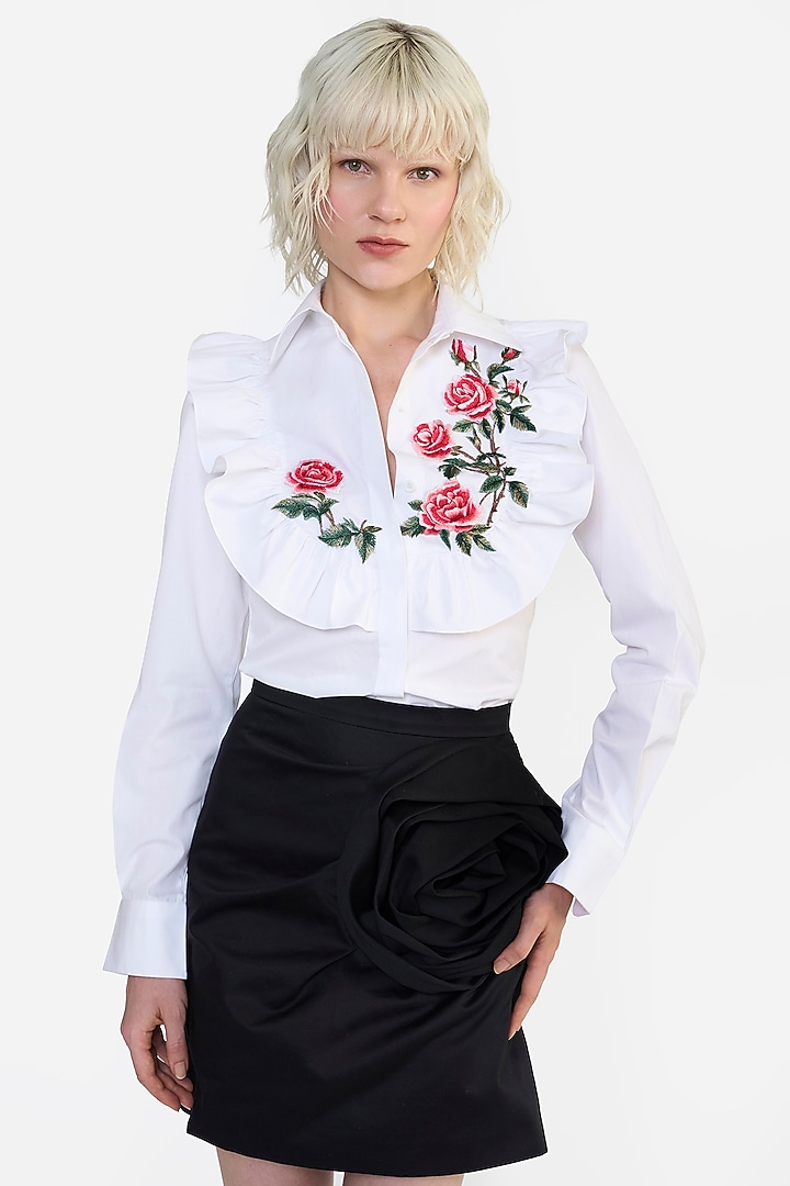 White Cotton Thread Embroidered Ruffle Shirt by Gauri And Nainika at Pernia's Pop Up Shop