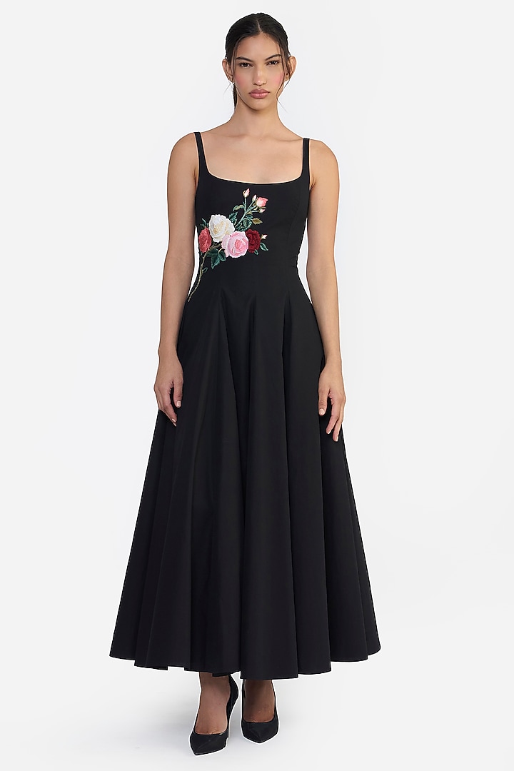 Black Cotton Thread Embroidered Midi Party Wear Dress by Gauri and Nainika at Pernia's Pop Up Shop