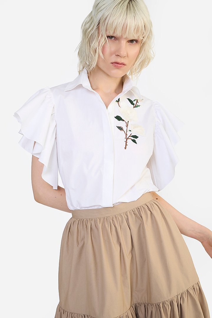 White Cotton Rose Embroidered Shirt by Gauri and Nainika at Pernia's Pop Up Shop