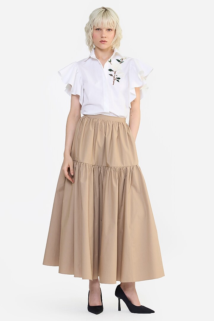 White Cotton Rose Embroidered Shirt by Gauri and Nainika at Pernia's Pop Up Shop