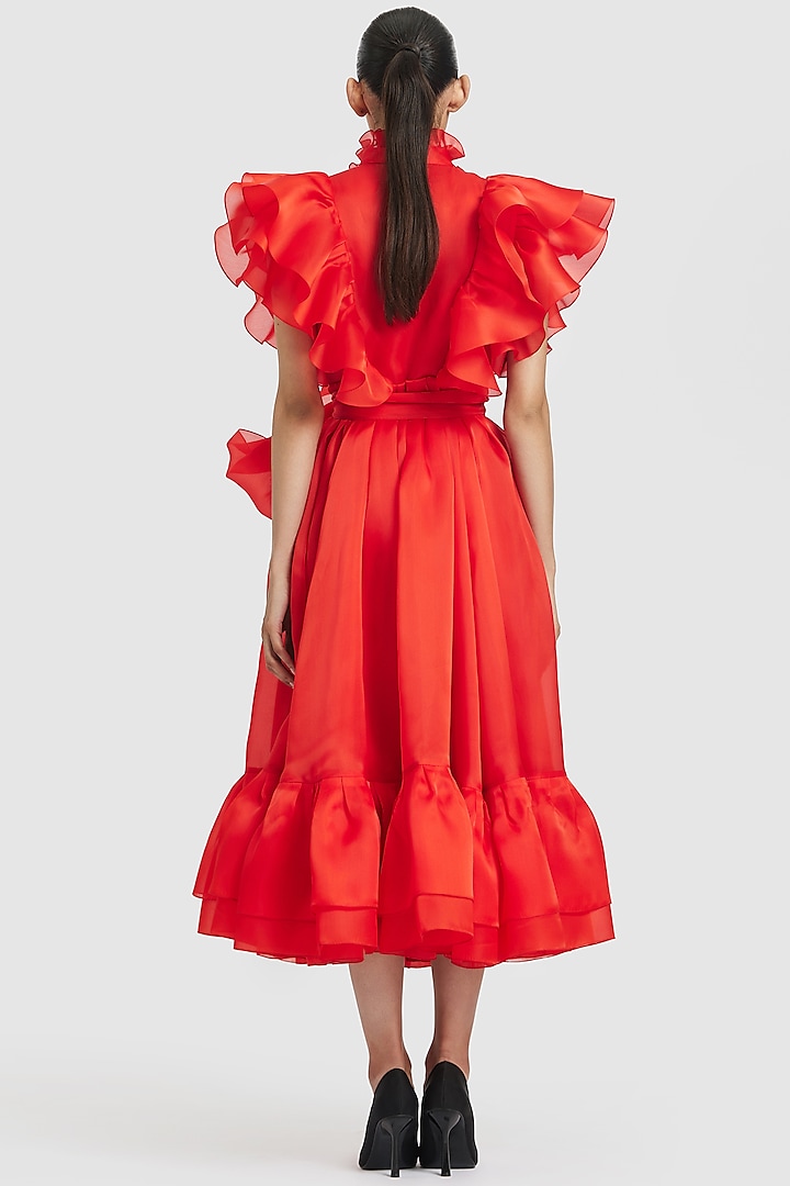 Red Organza Party Wear Shirt Dress With Belt by Gauri And Nainika at Pernia's Pop Up Shop