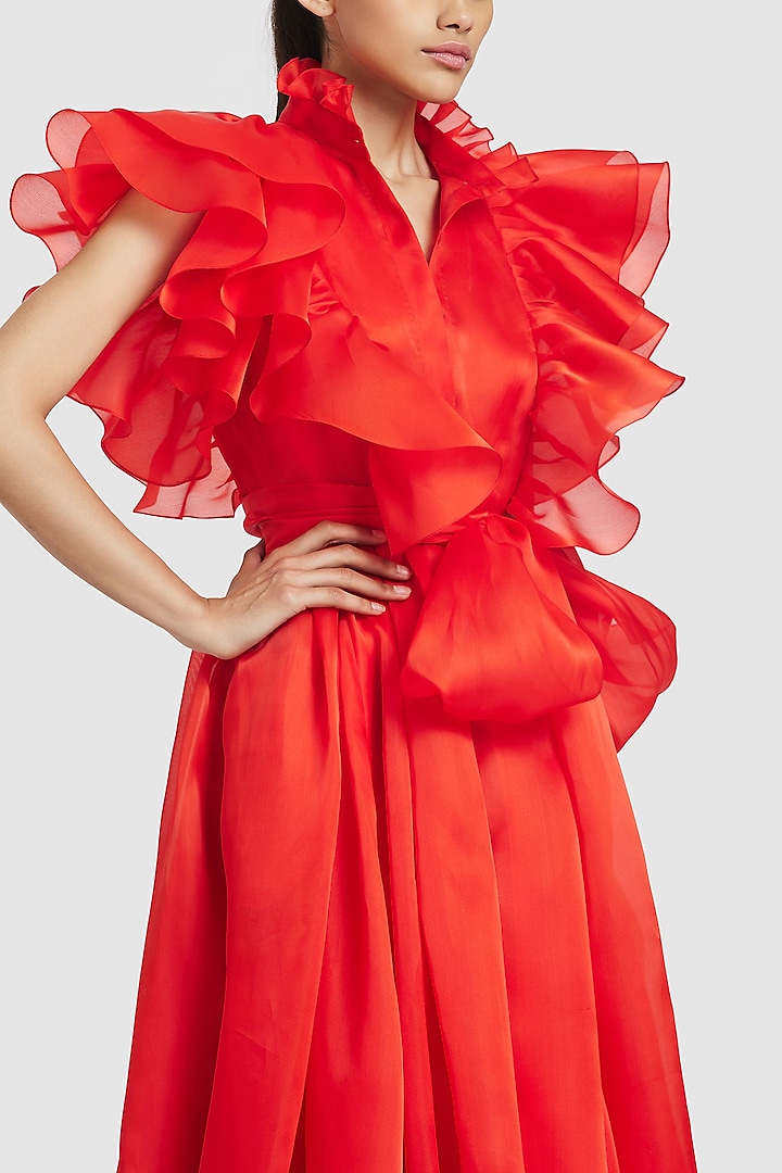 Red Organza Party Wear Shirt Dress With Belt by Gauri And Nainika at Pernia's Pop Up Shop