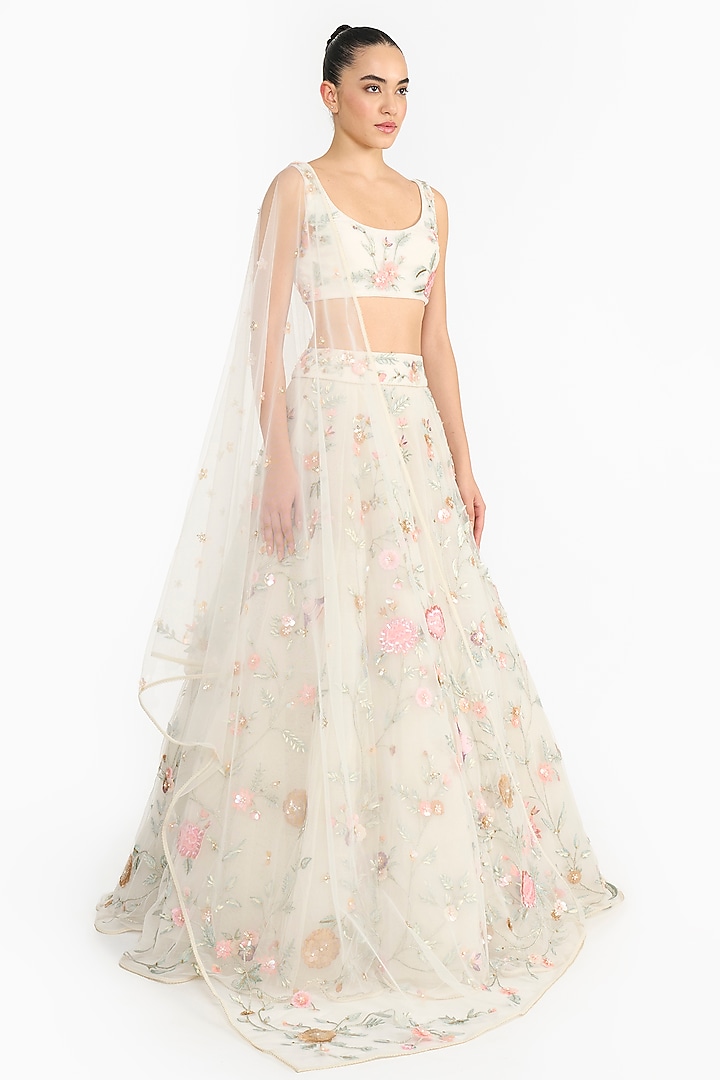 Ivory Tulle Embroidered Bridal Lehenga Set by Gauri And Nainika at Pernia's Pop Up Shop