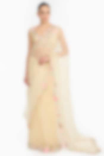Pale Yellow Silk Organza Embroidered Reception Saree Set by Gauri And Nainika at Pernia's Pop Up Shop