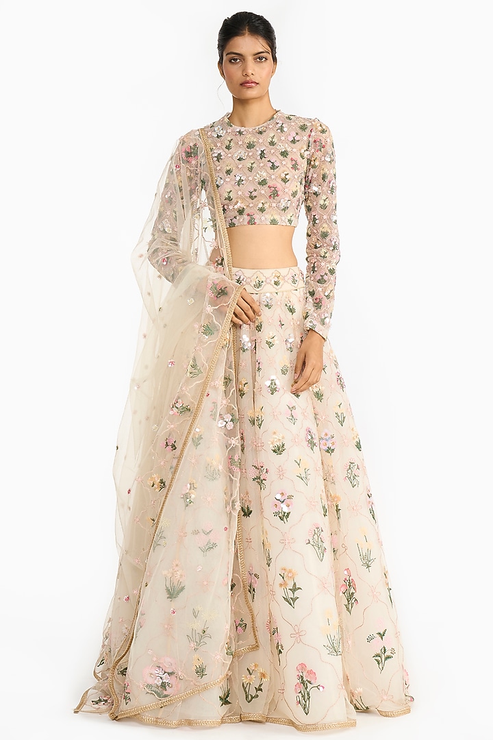 Ivory Tulle Bridal Lehenga Set by Gauri And Nainika at Pernia's Pop Up Shop