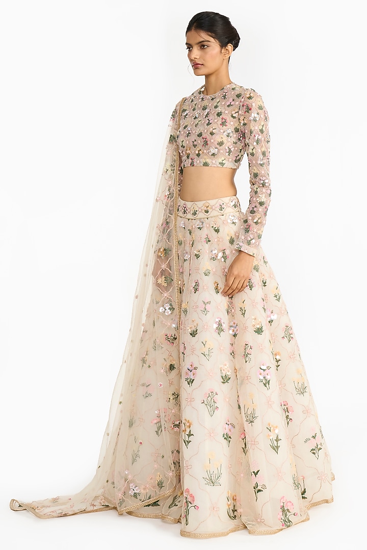 Ivory Tulle Bridal Lehenga Set by Gauri And Nainika at Pernia's Pop Up Shop