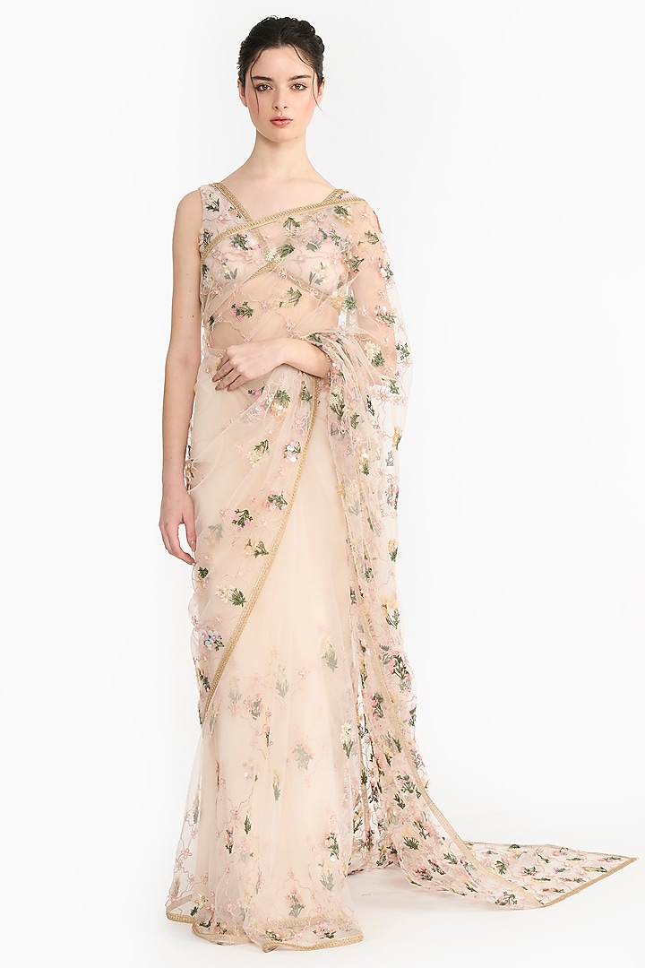 Dust Pink Tulle Bridal Saree Set by Gauri And Nainika at Pernia's Pop Up Shop