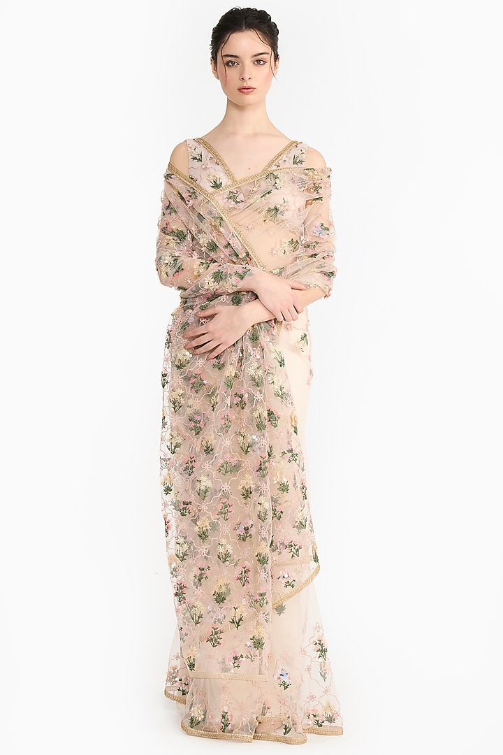 Dust Pink Tulle Bridal Saree Set by Gauri And Nainika at Pernia's Pop Up Shop