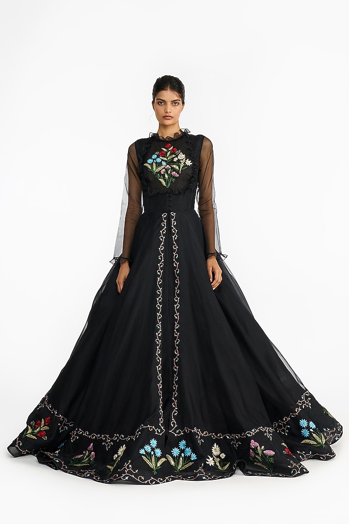 Black Silk Organza Embroidered Angrakha by Gauri And Nainika at Pernia's Pop Up Shop