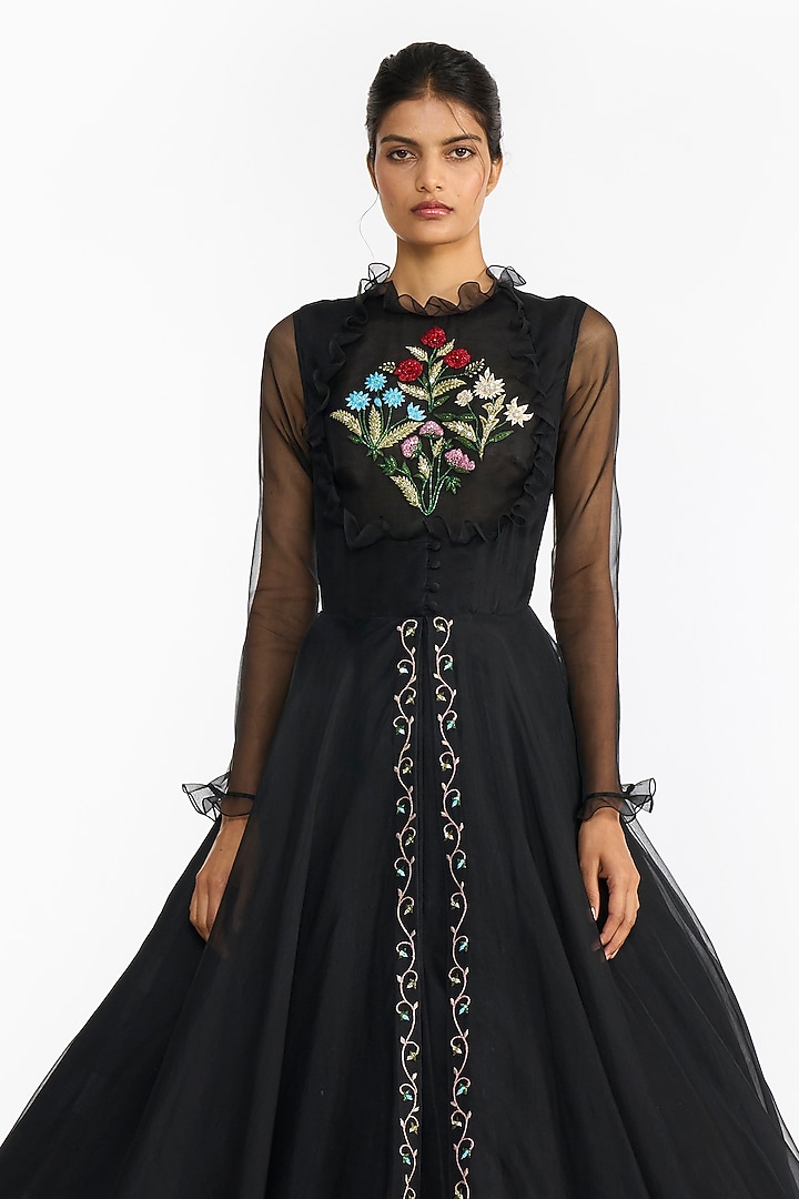 Black Silk Organza Embroidered Angrakha by Gauri And Nainika at Pernia's Pop Up Shop
