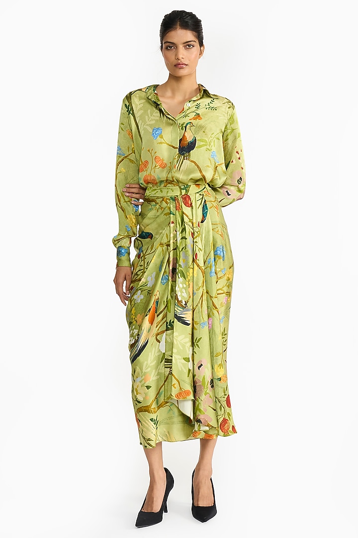 Green Pure Satin Chinoiserie Printed Skirt Set by Gauri And Nainika at Pernia's Pop Up Shop