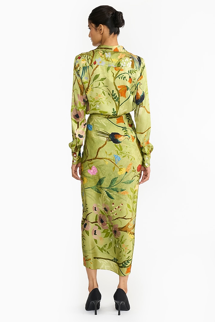Green Pure Satin Chinoiserie Printed Skirt Set by Gauri And Nainika at Pernia's Pop Up Shop