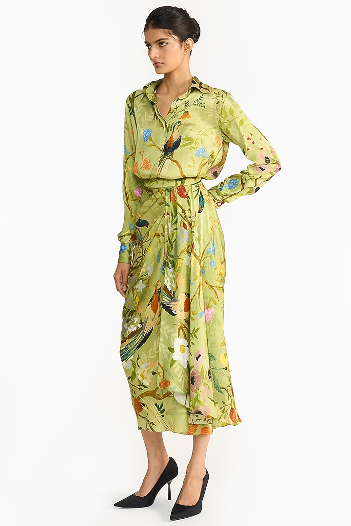 Green Pure Satin Chinoiserie Printed Skirt Set by Gauri And Nainika at Pernia's Pop Up Shop